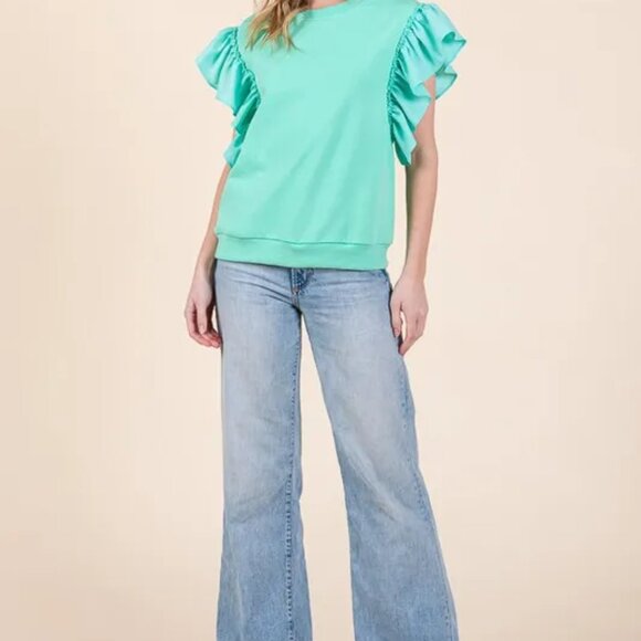 ✨NWT Lime 'N' Chili Solid Shoulder Ruffle Detail Round Neck Top - Picture 9 of 9